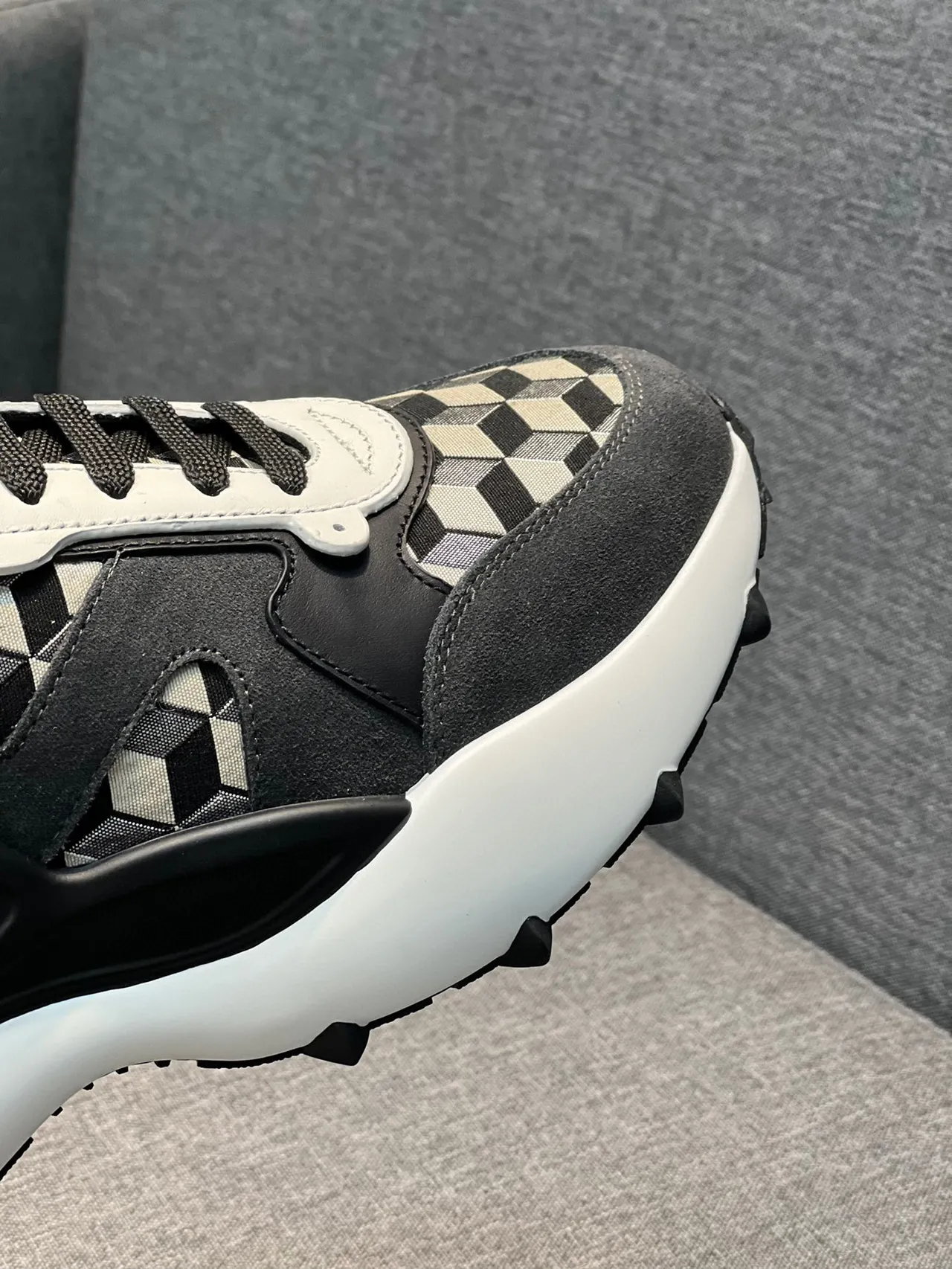 MCM Black White Platform Sole Geometric Checkerboard Side Panels Chunky Sneakers 3
