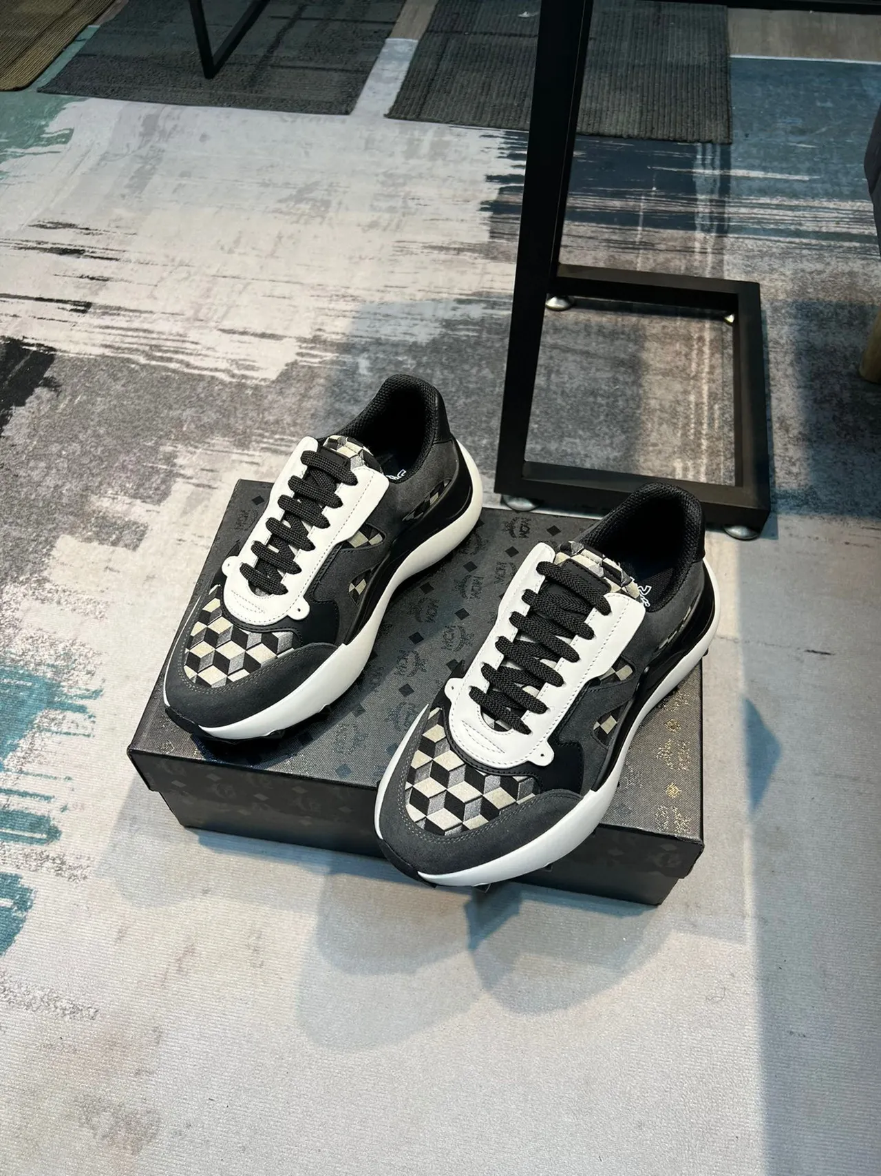 MCM Black White Platform Sole Geometric Checkerboard Side Panels Chunky Sneakers 5
