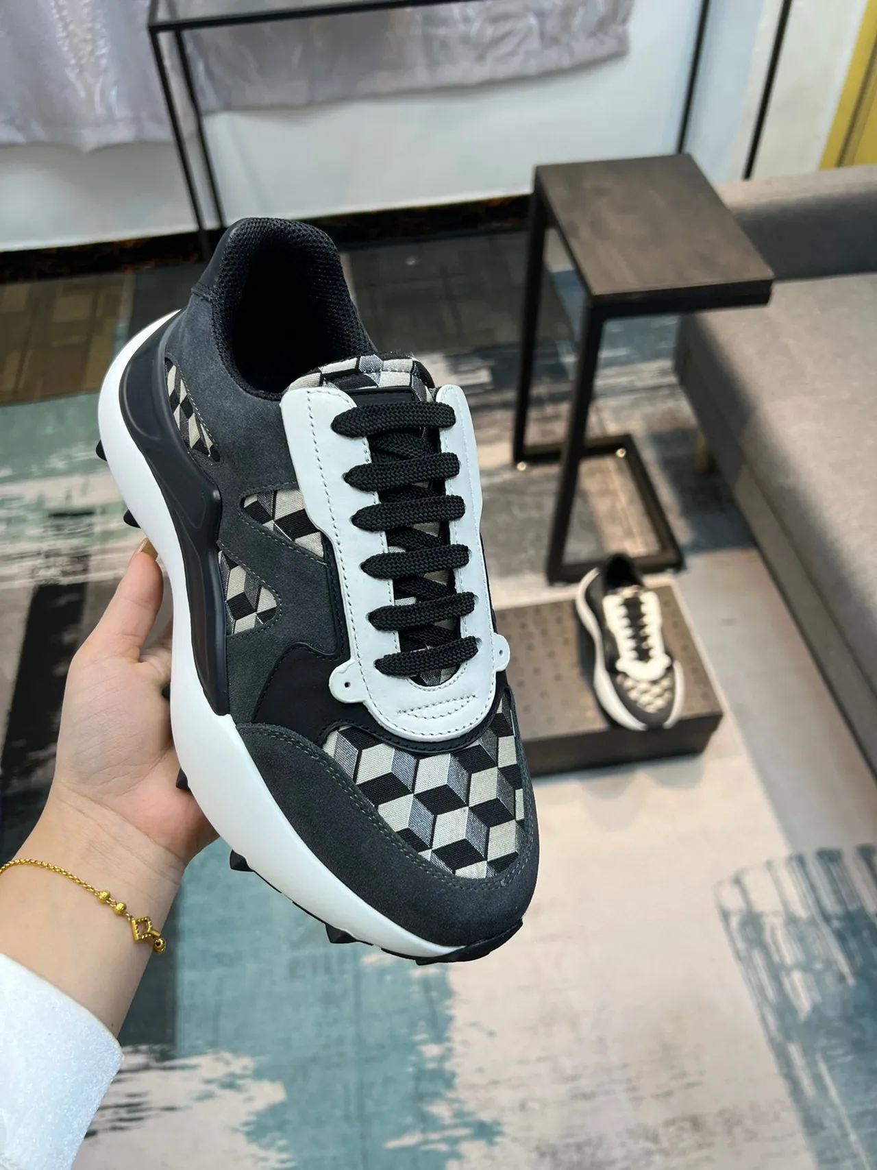 MCM Black White Platform Sole Geometric Checkerboard Side Panels Chunky Sneakers 6