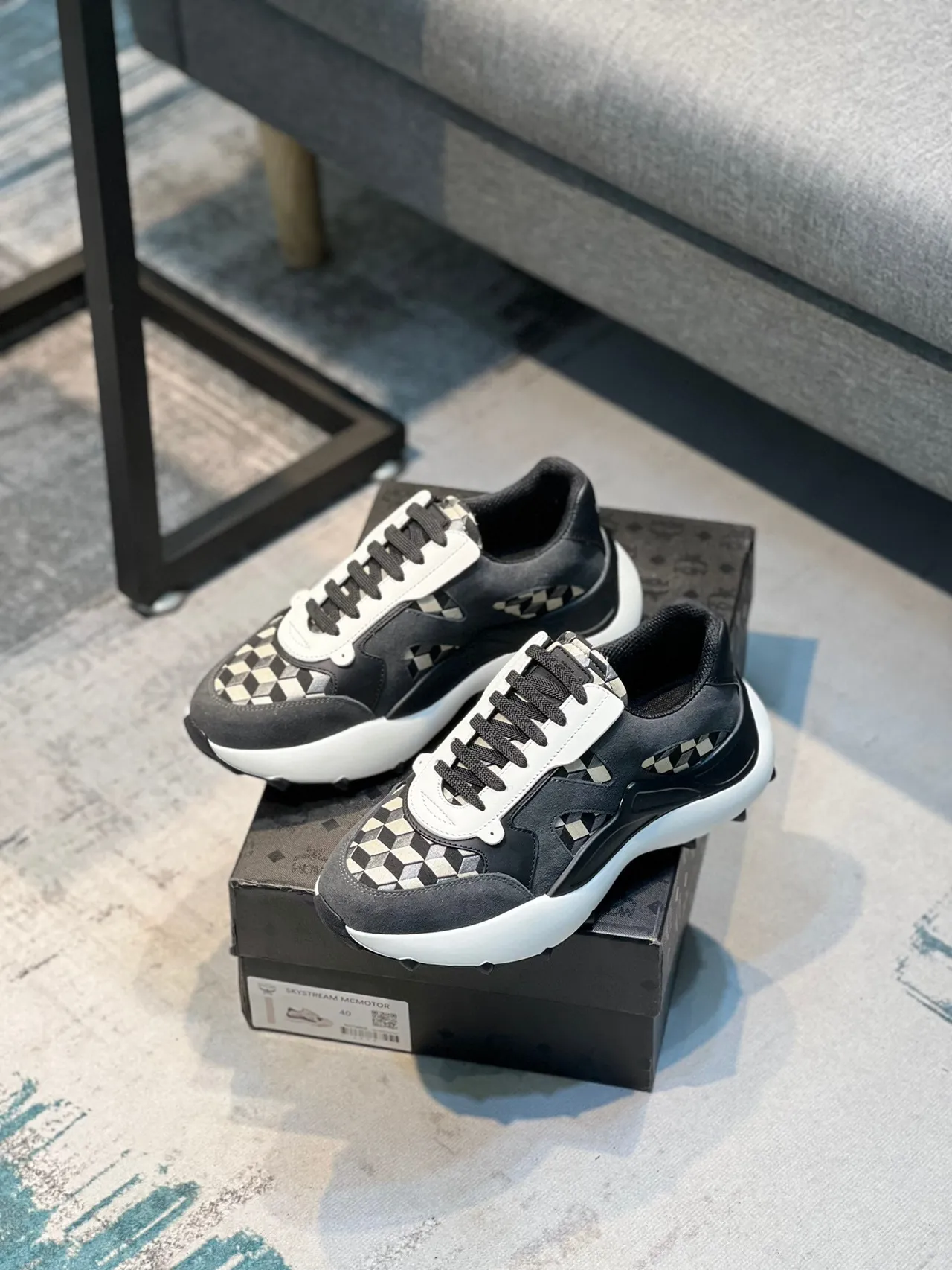 MCM Black White Platform Sole Geometric Checkerboard Side Panels Chunky Sneakers 7
