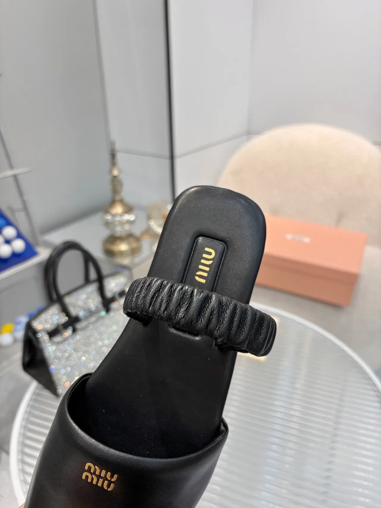 Miu Miu Black Gold Ruched Knotted Strap Logo Plaque Slippers 2