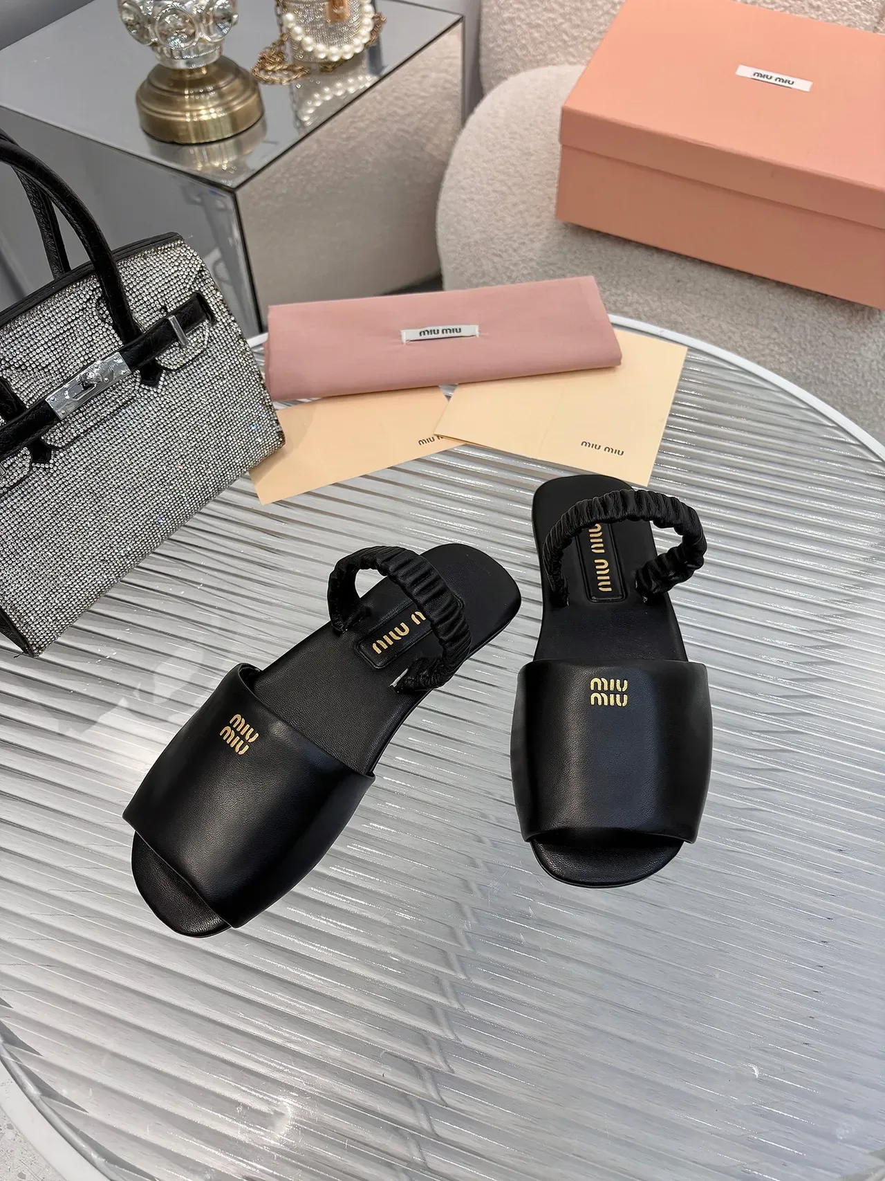 Miu Miu Black Gold Ruched Knotted Strap Logo Plaque Slippers 3