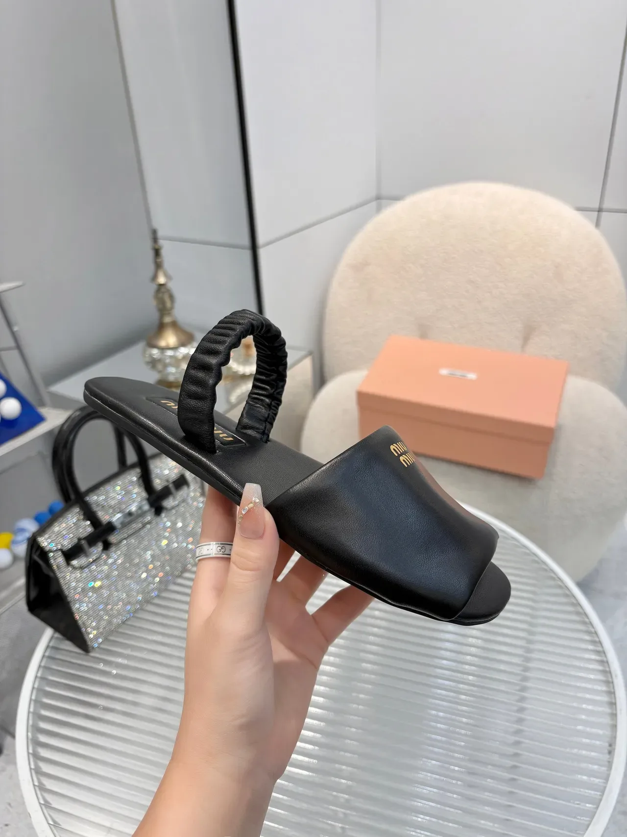 Miu Miu Black Gold Ruched Knotted Strap Logo Plaque Slippers 4