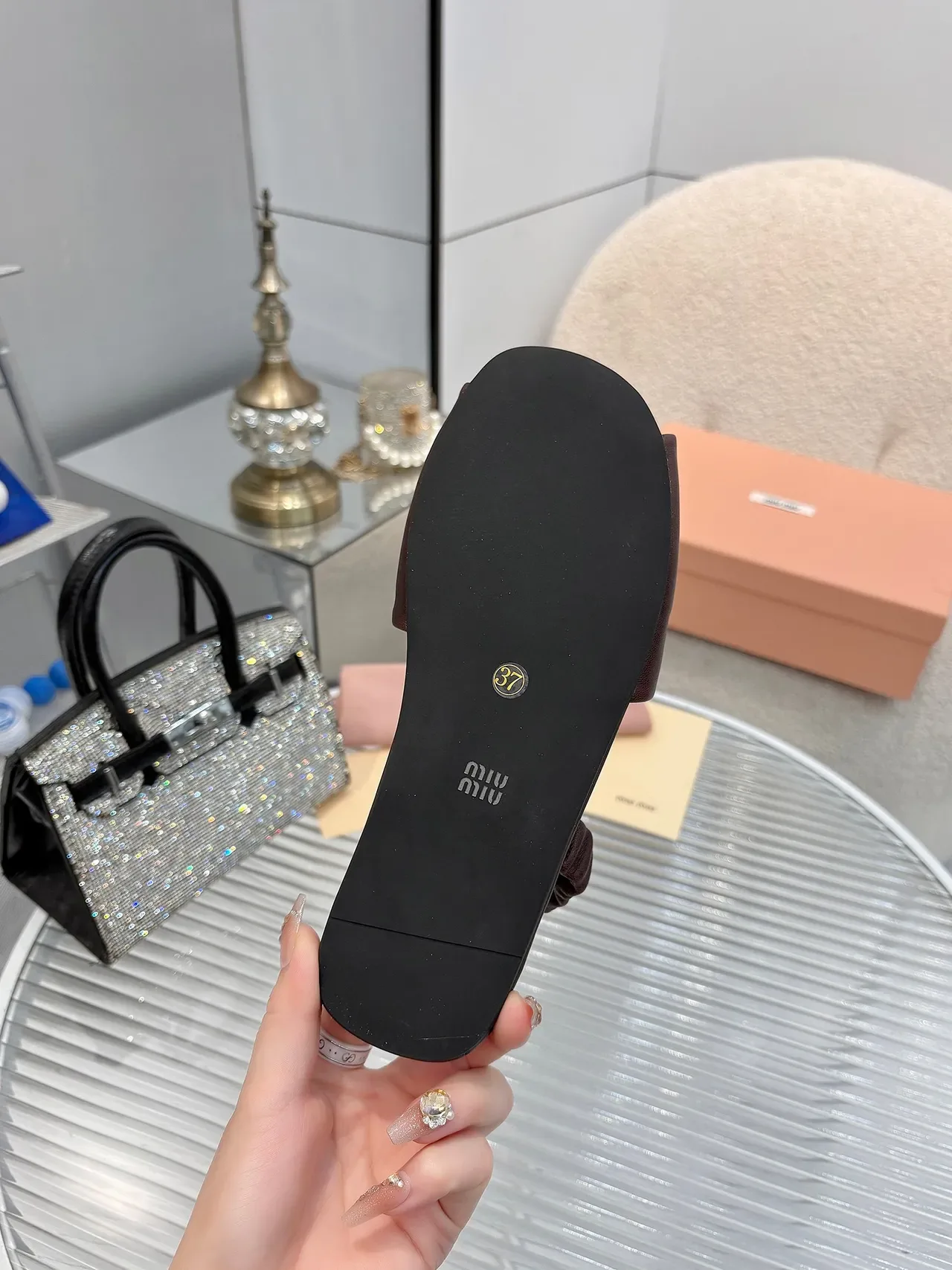 Miu Miu Black Gold Ruched Knotted Strap Logo Plaque Slippers 8