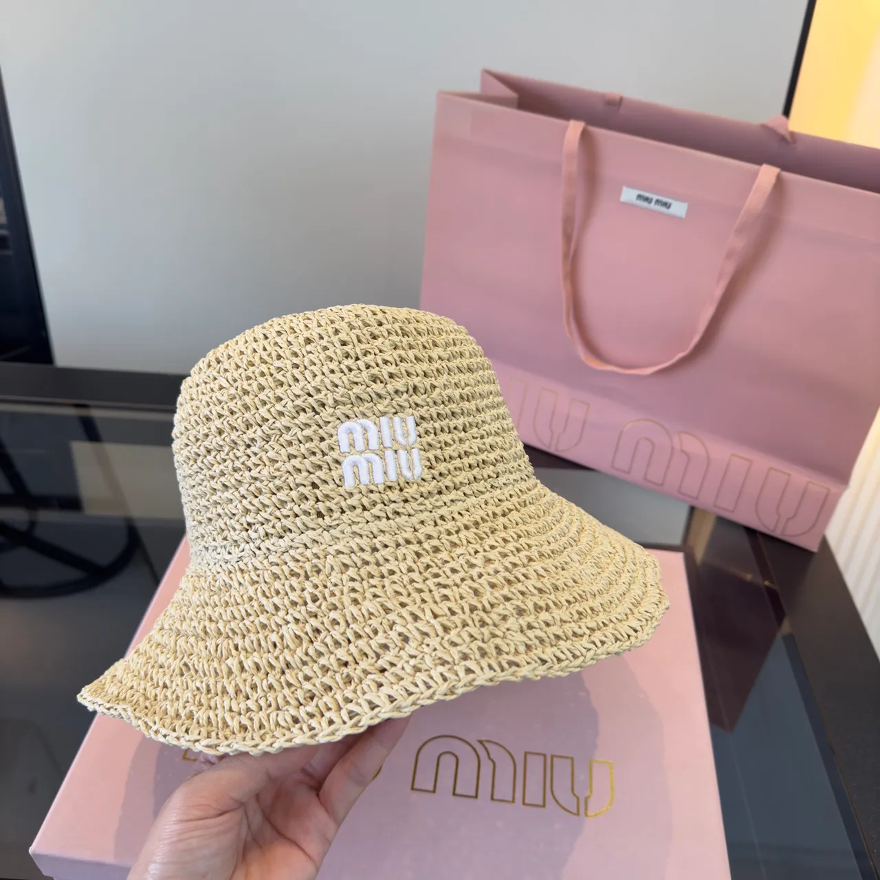 Miu Miu Logo-Embellished Crocheted Straw Bucket Hat 4