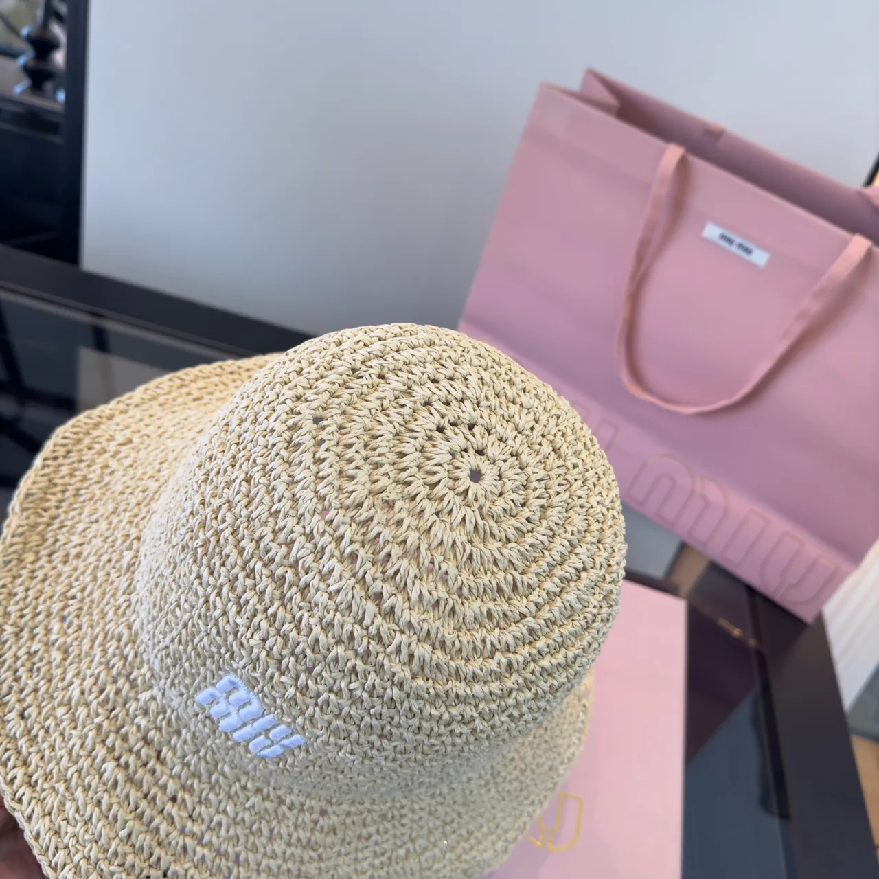 Miu Miu Logo-Embellished Crocheted Straw Bucket Hat 5