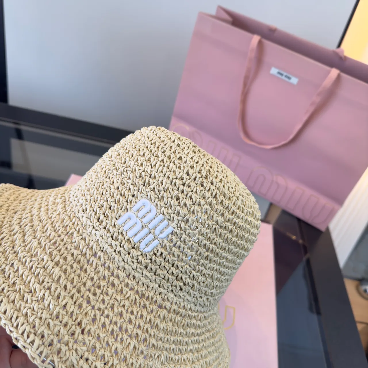 Miu Miu Logo-Embellished Crocheted Straw Bucket Hat 6