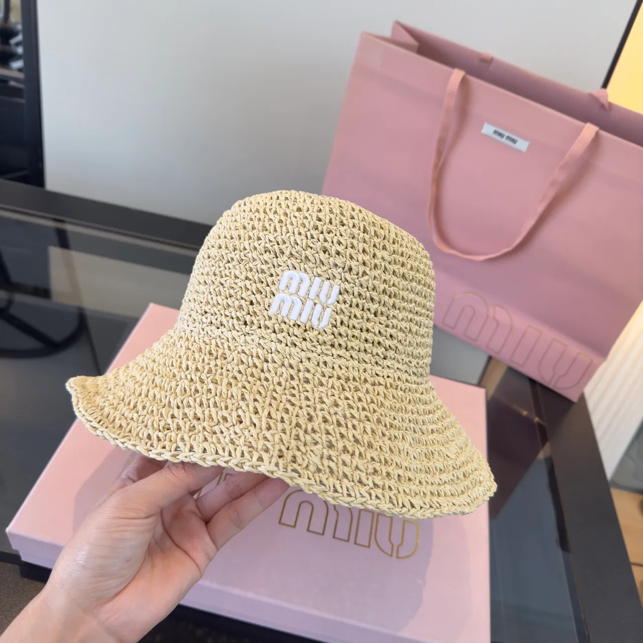 Miu Miu Logo-Embellished Crocheted Straw Bucket Hat 7
