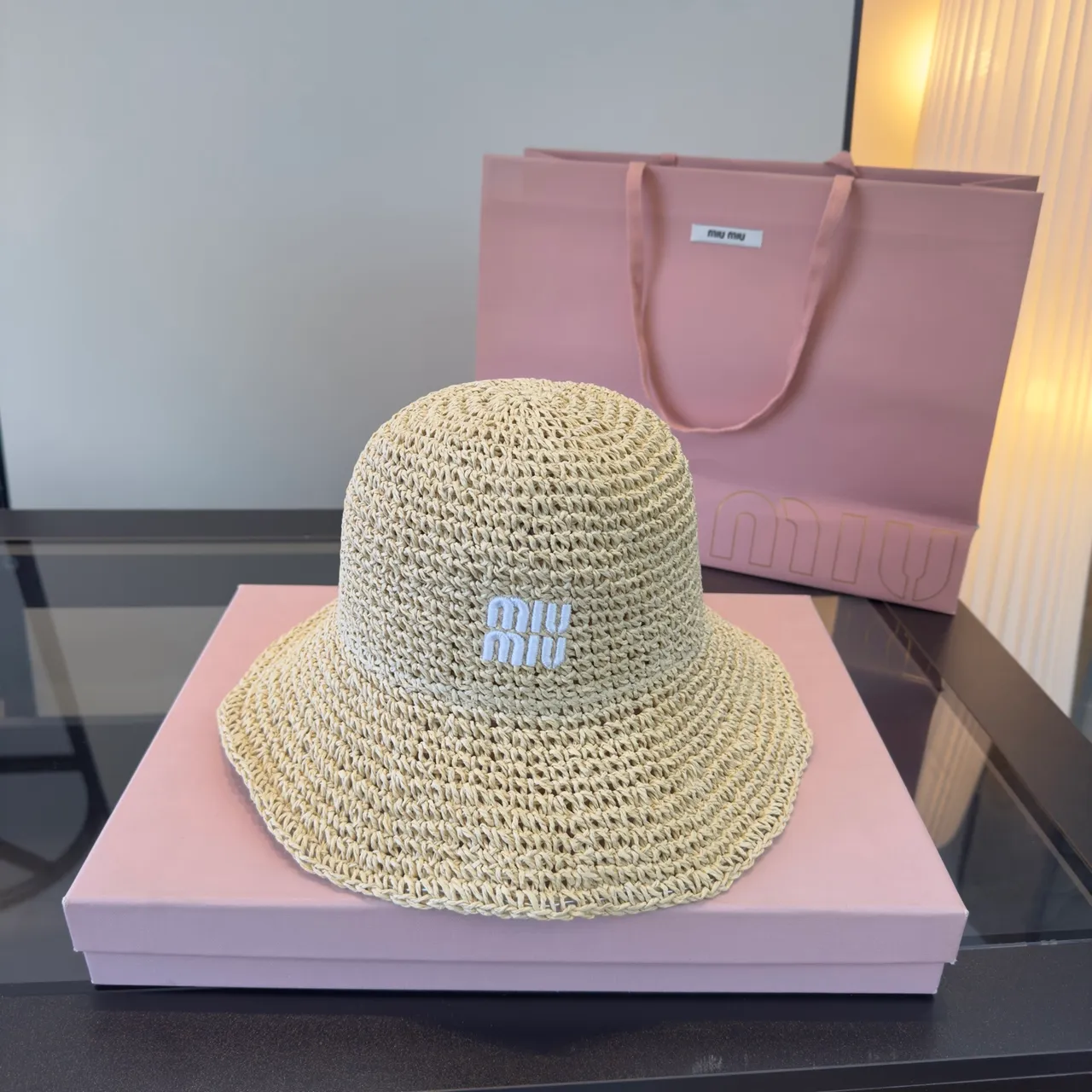 Miu Miu Logo-Embellished Crocheted Straw Bucket Hat 8