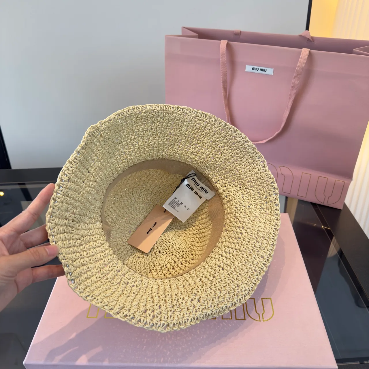 Miu Miu Logo-Embellished Crocheted Straw Bucket Hat 11