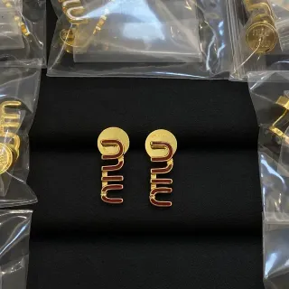 Miu Miu Logo Stud Gold Red Enamel-Filled Earrings