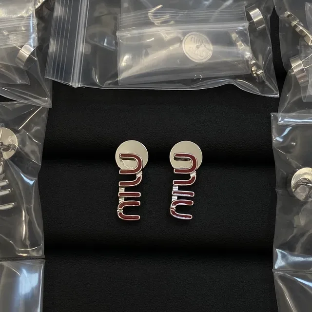 Miu Miu Logo Stud Gold Red Enamel-Filled Earrings 2