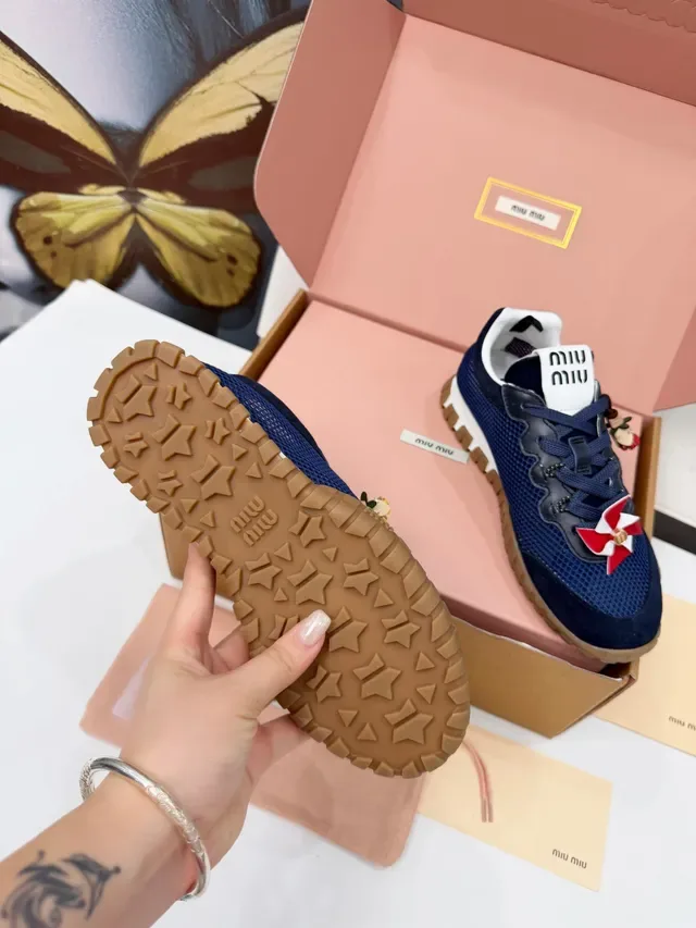 Miu Miu Navy Beige Mesh And Suede Upper Gum Rubber Outsole Lifestyle Sneakers 2