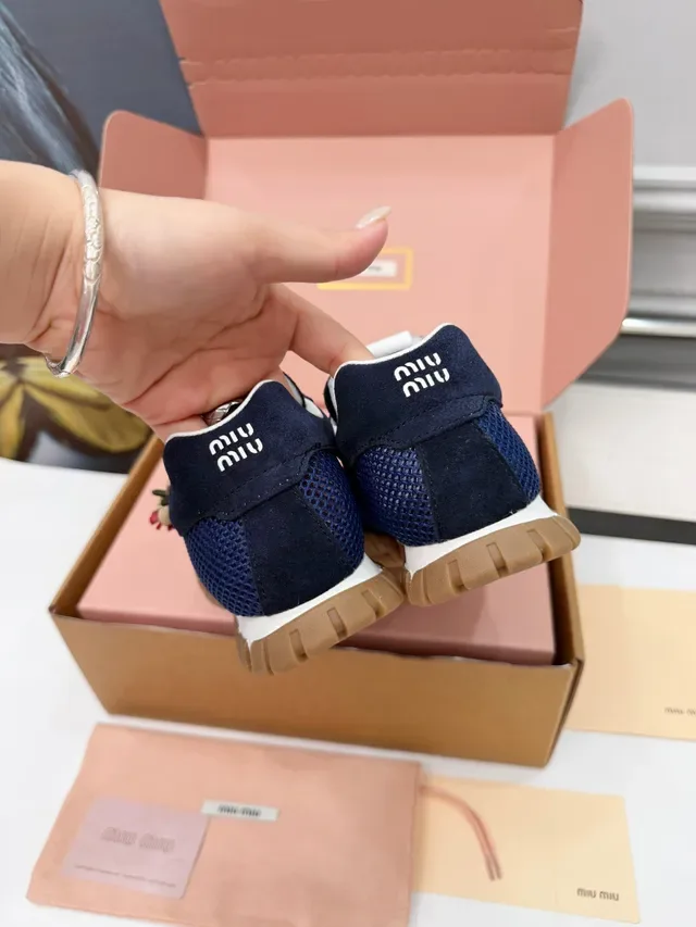 Miu Miu Navy Beige Mesh And Suede Upper Gum Rubber Outsole Lifestyle Sneakers 3