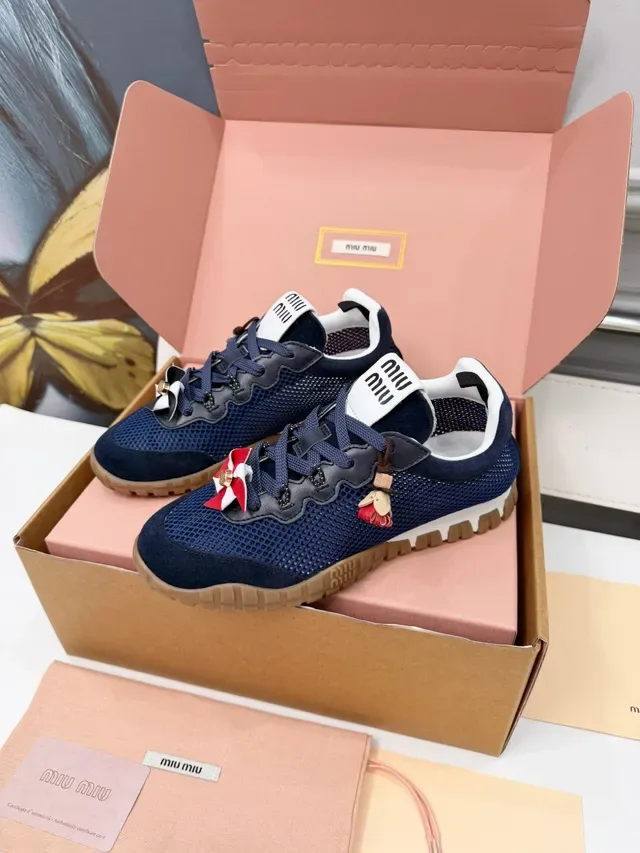 Miu Miu Navy Beige Mesh And Suede Upper Gum Rubber Outsole Lifestyle Sneakers 4