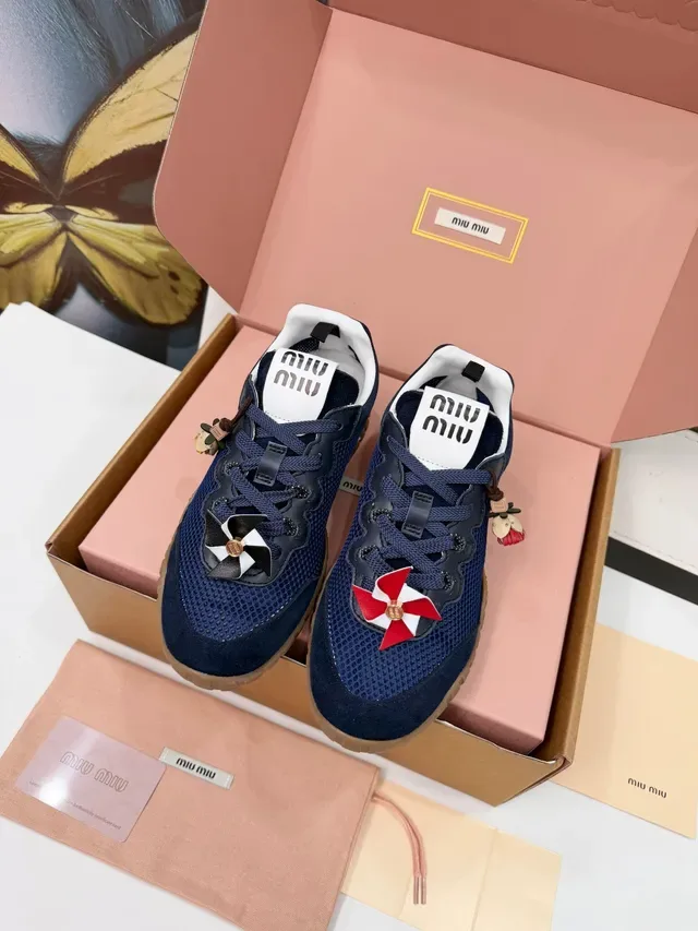Miu Miu Navy Beige Mesh And Suede Upper Gum Rubber Outsole Lifestyle Sneakers 5