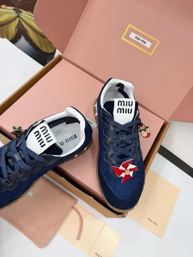 Miu Miu Navy Beige Mesh And Suede Upper Gum Rubber Outsole Lifestyle Sneakers 6