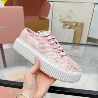 Miu Miu Platform Sneaker Pink White Mesh Upper Ridged Sole Lifestyle Sneakers