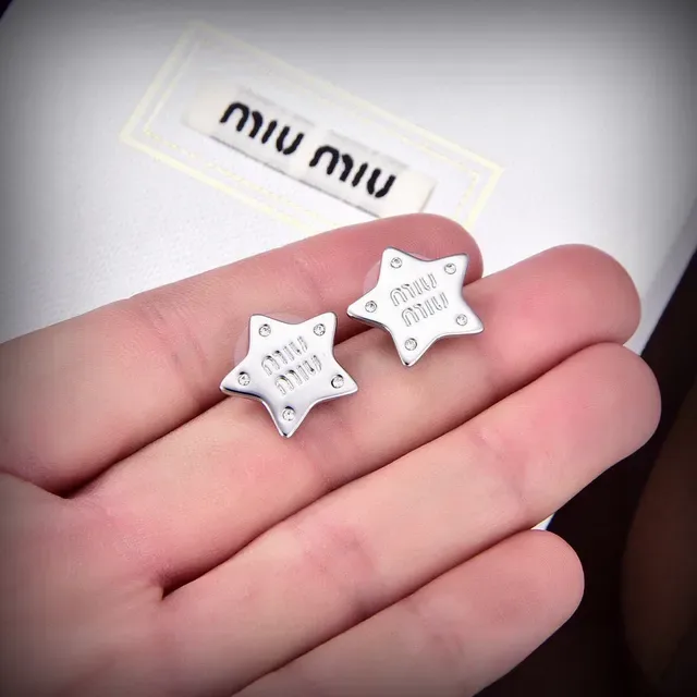 Miu Miu Star Stud Silver Gold Embossed Logo Earrings 5