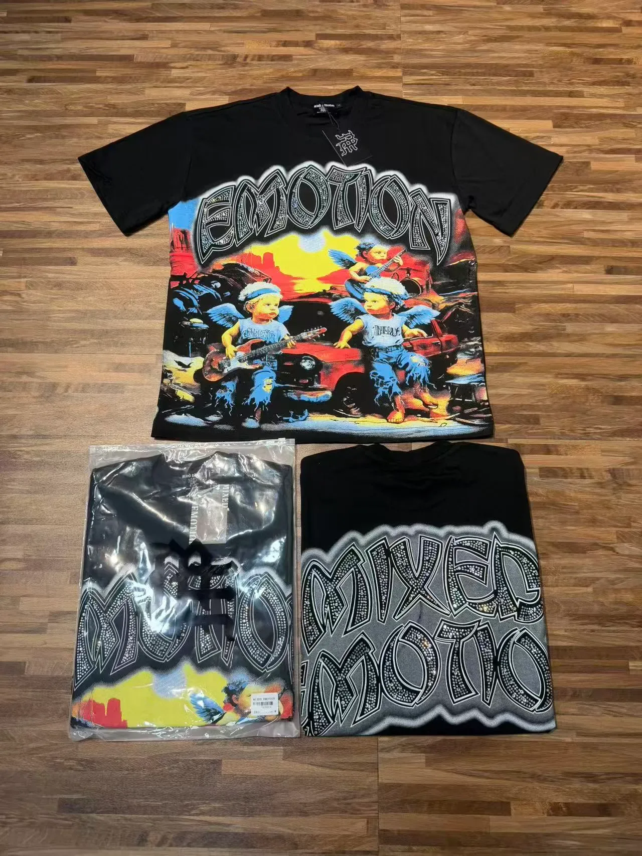 Mixed Emotion Black Multicolor Graphic-Print Rhinestone-Embellished T-Shirt 1