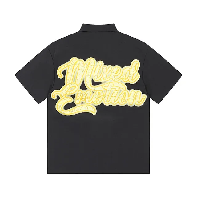 Camisa Mixed Emotion Preta Amarela Fecho Frontal Impressão Gráfica 3