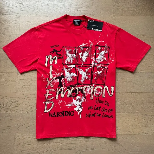 Mixed Emotion Red Beige Graphic-Print Oversized Fit T-Shirt 5