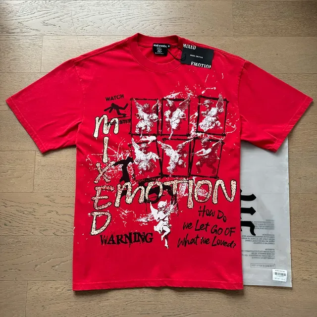 Mixed Emotion Red Beige Graphic-Print Oversized Fit T-Shirt 6