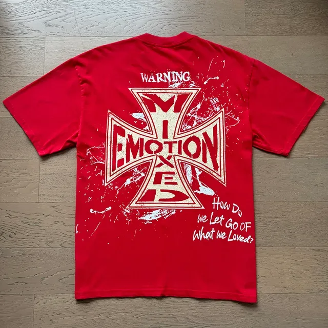 Mixed Emotion Red Beige Graphic-Print Oversized Fit T-Shirt 7