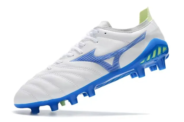 Mizuno Branco Azul Couro Quiltado Superior Padrão de Ondas Recobrimento Sintético Ground Firme Sapatos de Futebol 2