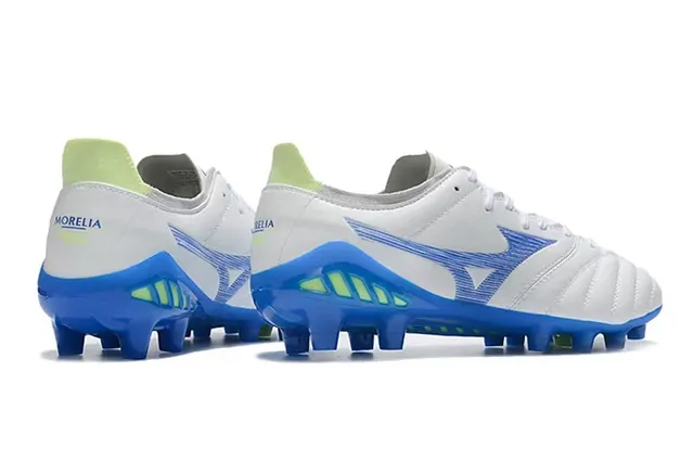 Mizuno Branco Azul Couro Quiltado Superior Padrão de Ondas Recobrimento Sintético Ground Firme Sapatos de Futebol 3