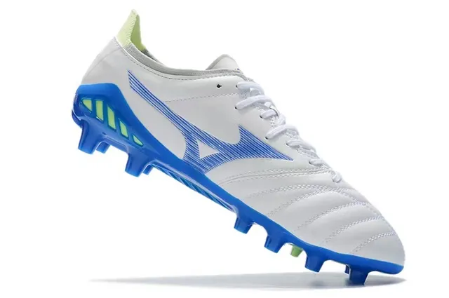 Mizuno Branco Azul Couro Quiltado Superior Padrão de Ondas Recobrimento Sintético Ground Firme Sapatos de Futebol 4