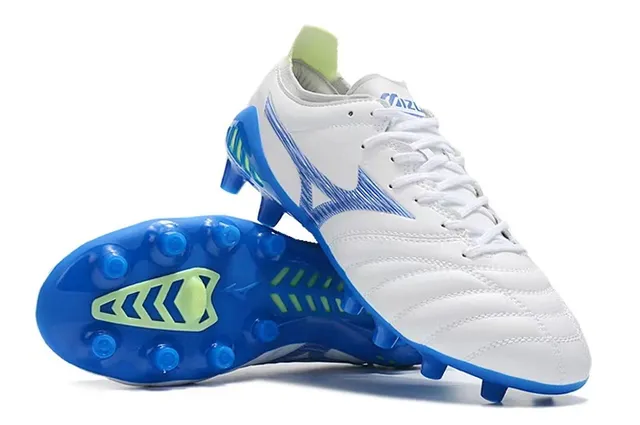 Mizuno Branco Azul Couro Quiltado Superior Padrão de Ondas Recobrimento Sintético Ground Firme Sapatos de Futebol 5