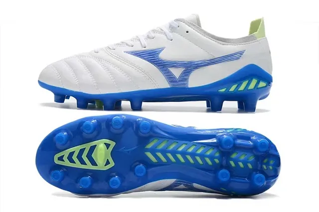 Mizuno Branco Azul Couro Quiltado Superior Padrão de Ondas Recobrimento Sintético Ground Firme Sapatos de Futebol 6