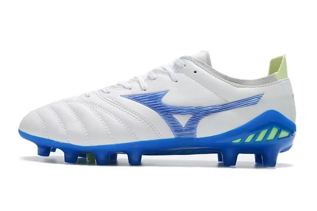 Mizuno Branco Azul Couro Quiltado Superior Padrão de Ondas Recobrimento Sintético Ground Firme Sapatos de Futebol 7
