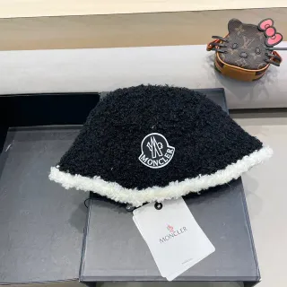 Moncler Black White Textured Bouclé Wool Shearling Trim Bucket Hat
