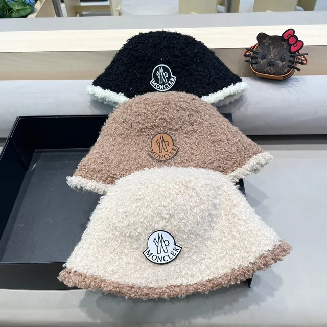 Moncler Black White Textured Bouclé Wool Shearling Trim Bucket Hat 6