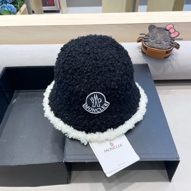 Moncler Black White Textured Bouclé Wool Shearling Trim Bucket Hat 8