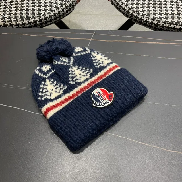 Moncler Azul marinho Branco Boné Tricotado com Punho Acanalado 7
