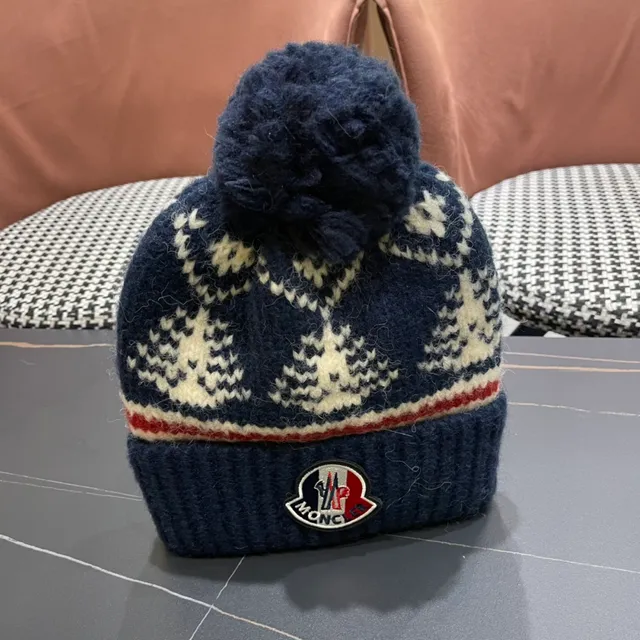 Moncler Azul marinho Branco Boné Tricotado com Punho Acanalado 11