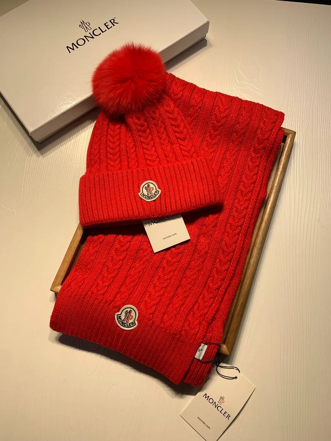 Moncler Red Cable-Knit Fur Pom-Pom Beanie 3