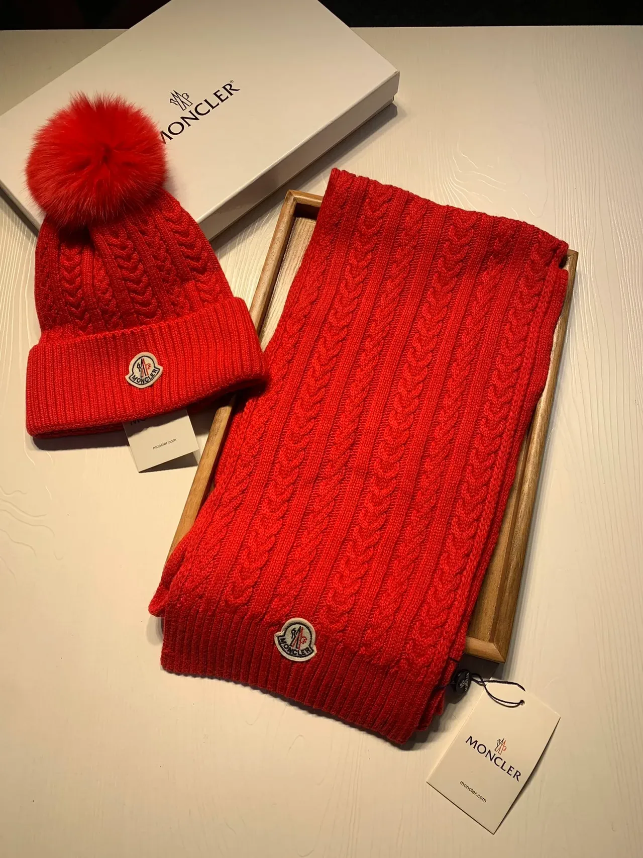 Moncler Red Cable-Knit Fur Pom-Pom Beanie 4