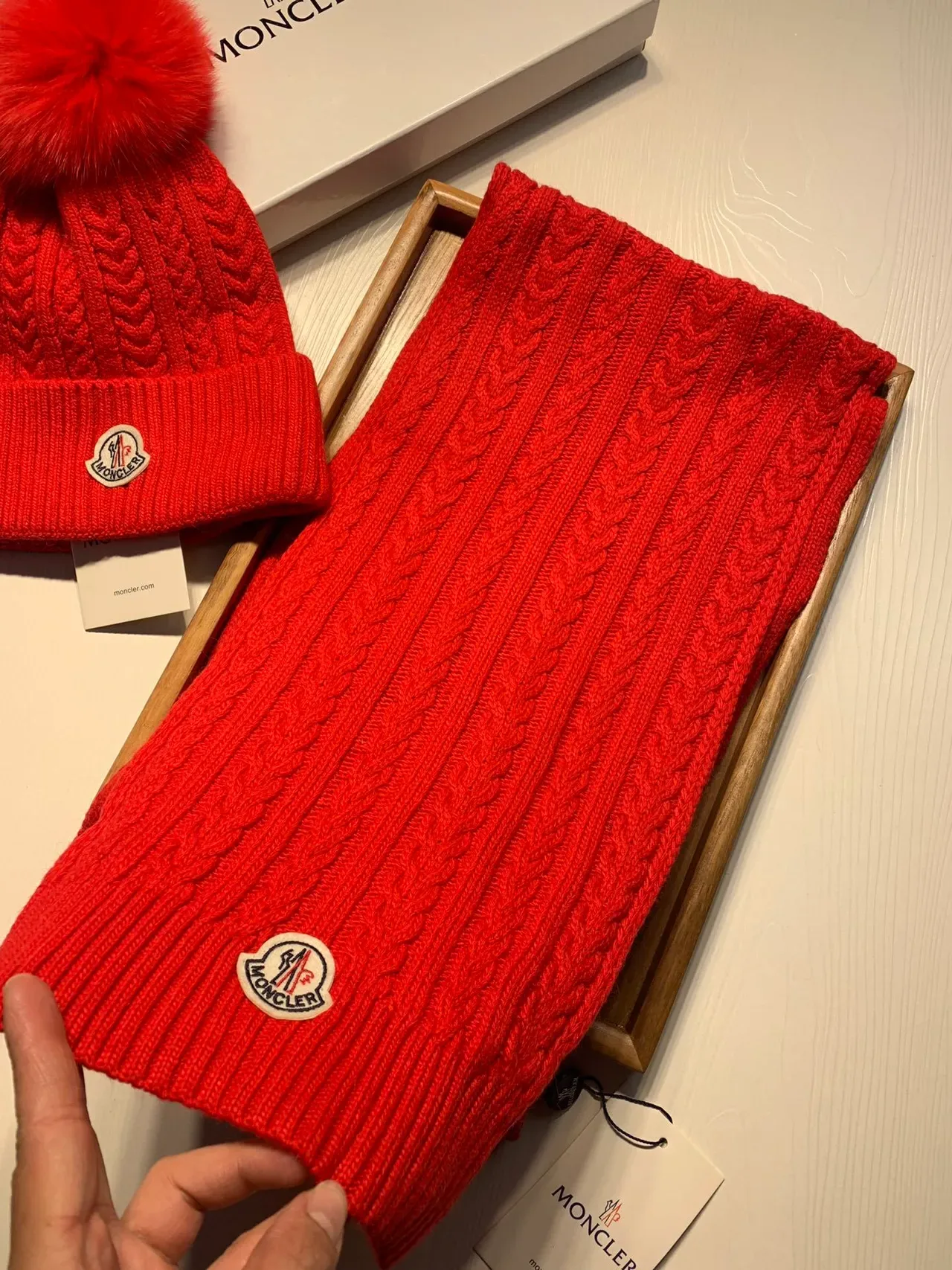 Moncler Red Cable-Knit Fur Pom-Pom Beanie 5