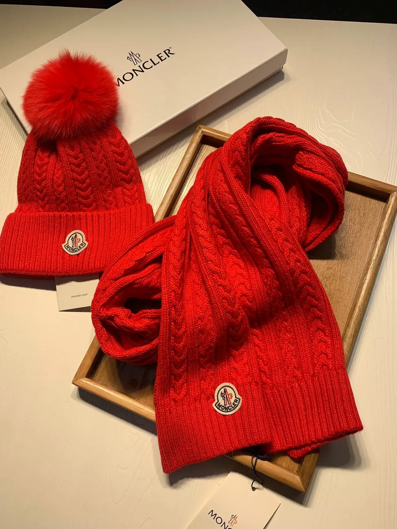 Moncler Red Cable-Knit Fur Pom-Pom Beanie 6