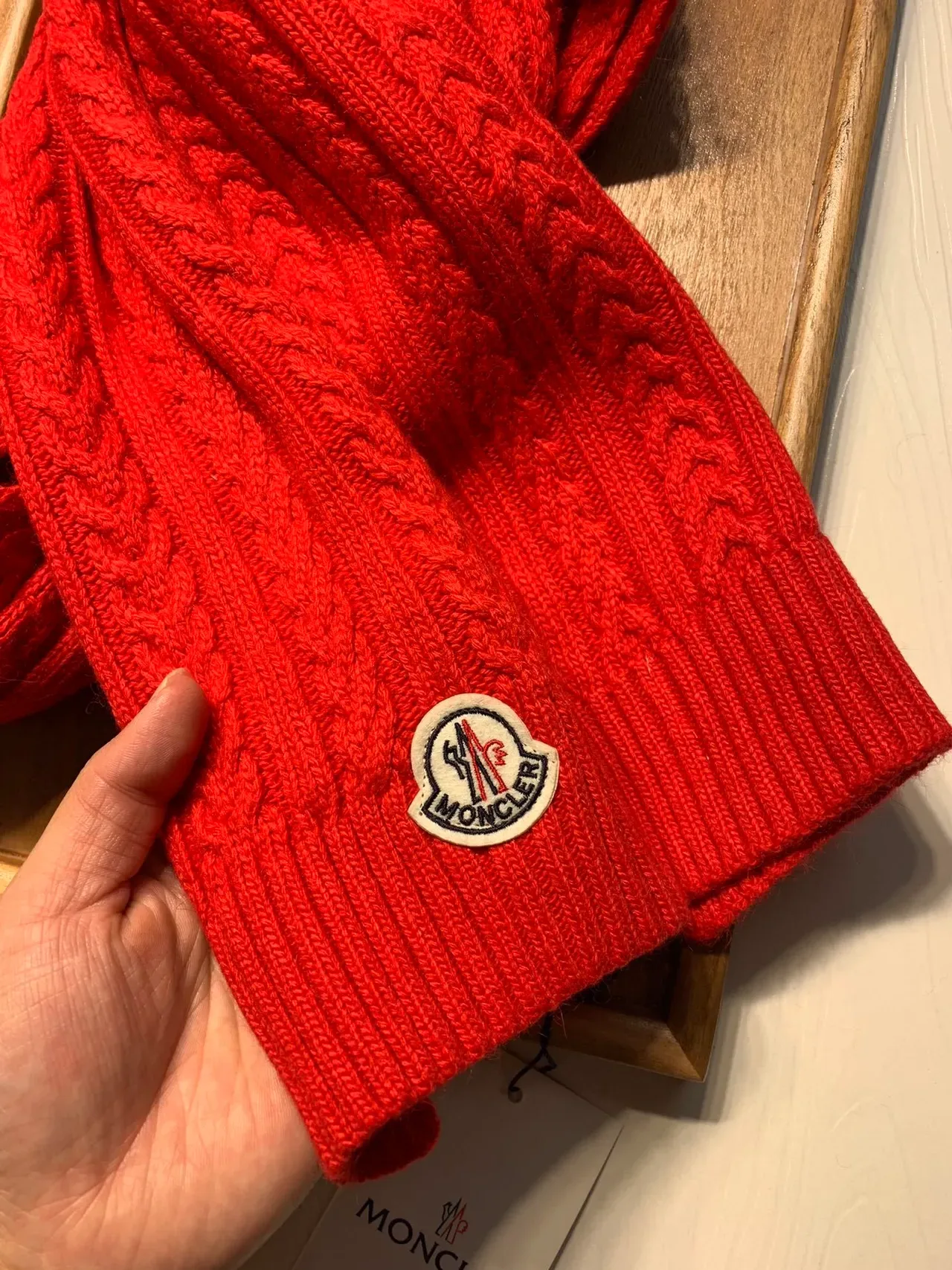Moncler Red Cable-Knit Fur Pom-Pom Beanie 7
