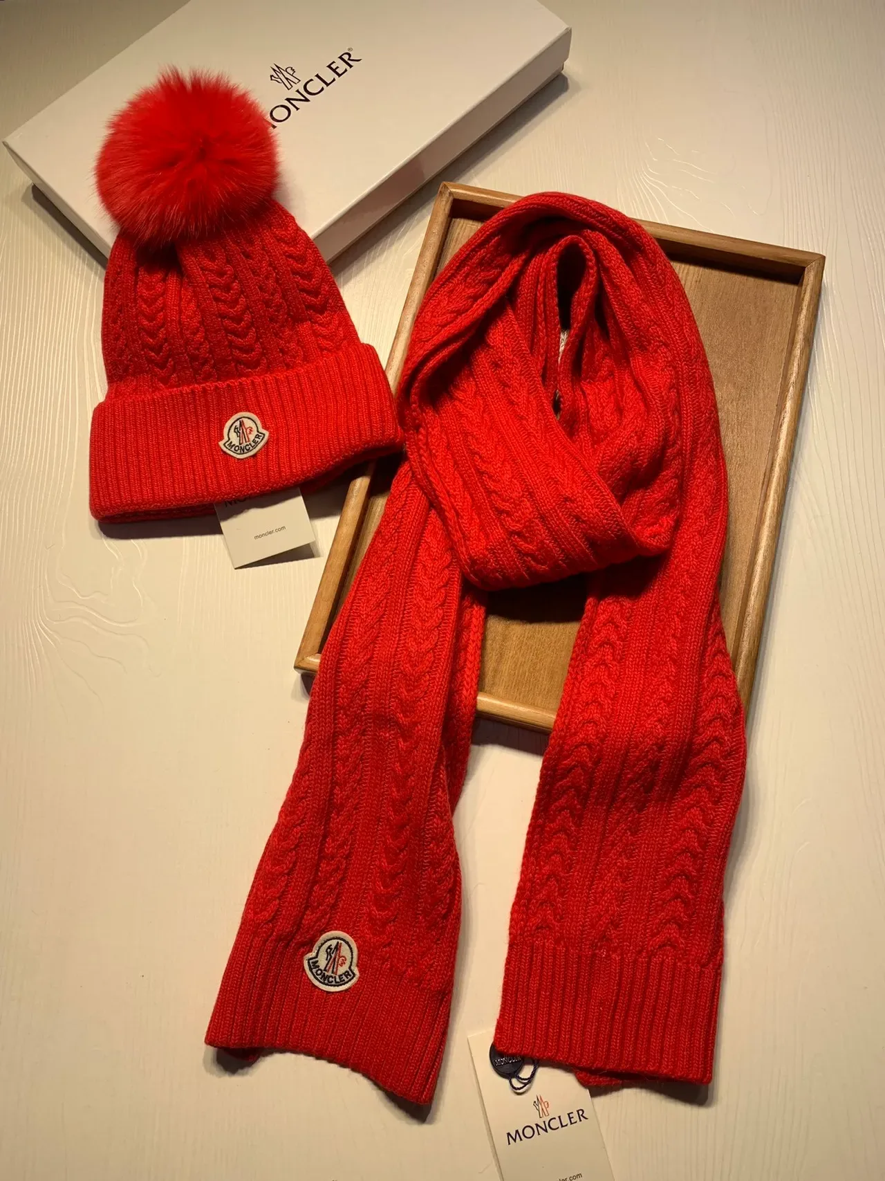 Moncler Red Cable-Knit Fur Pom-Pom Beanie 8