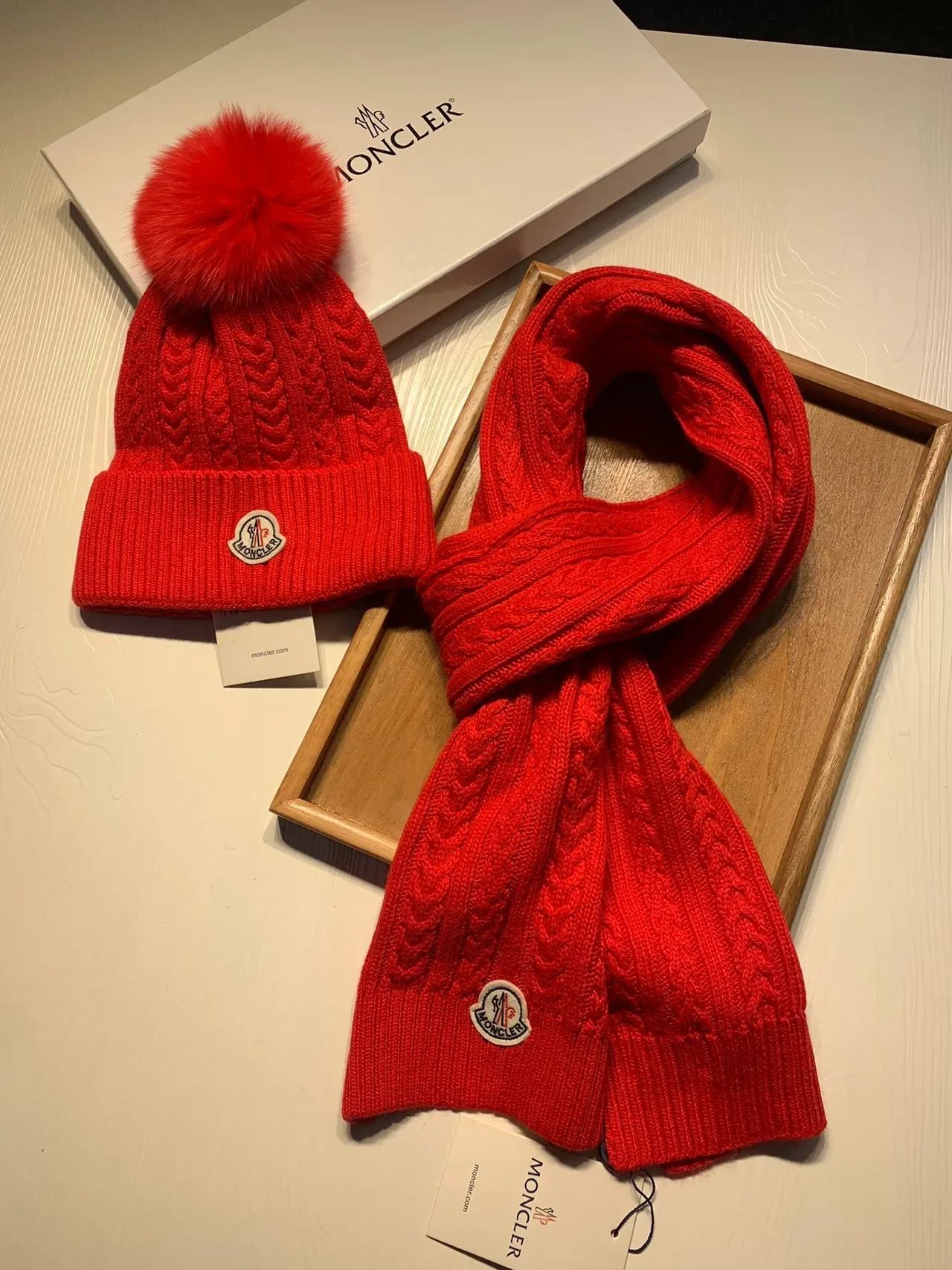 Moncler Red Cable-Knit Fur Pom-Pom Beanie 9