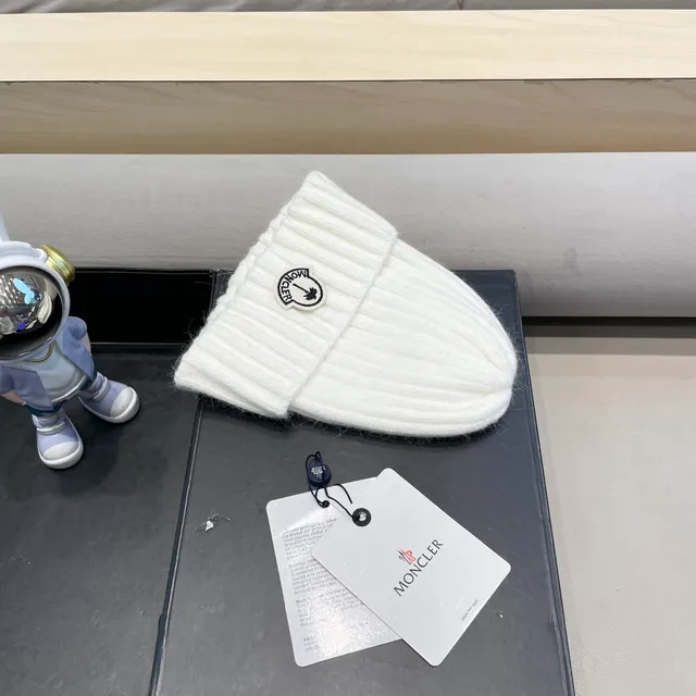 Moncler White Ribbed Knit Folded Cuff Beanie 2