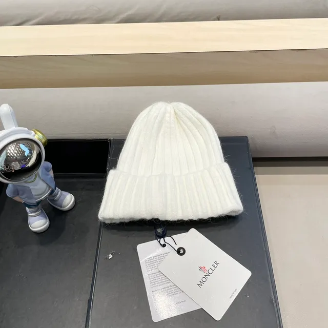 Moncler White Ribbed Knit Folded Cuff Beanie 3