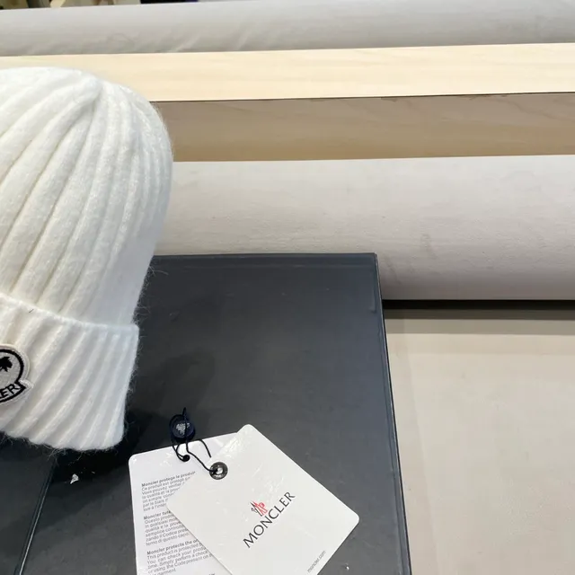 Moncler White Ribbed Knit Folded Cuff Beanie 4