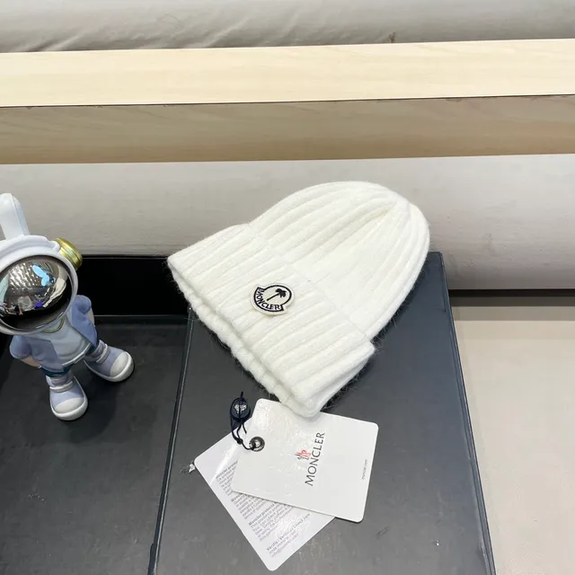 Moncler White Ribbed Knit Folded Cuff Beanie 8